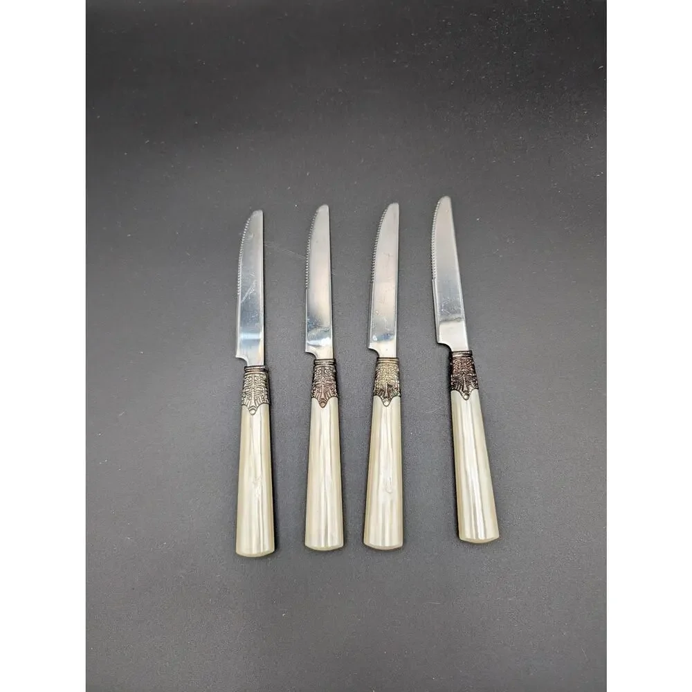 4 Gibson Roseland Serrated Dinner Knives White Pearlescent Handles Vintage Boho
